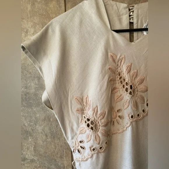 Vintage Original Franklin Embroidered Cutouts Shift Wiggle Dress M Linen Beige - Picture 9 of 16